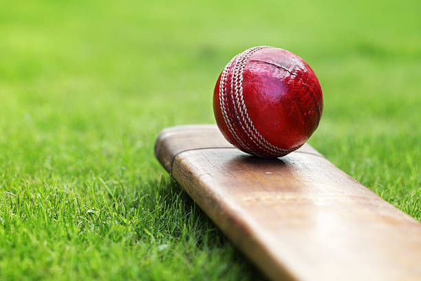 closeup-of-red-cricket-ball-and-bat-sitting-on-grass-picture-id177427917