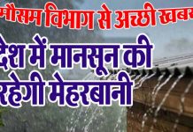 मौसम विभाग से अच्छी खबर : प्रदेश में मानसून की रहेगी मेहरबानी